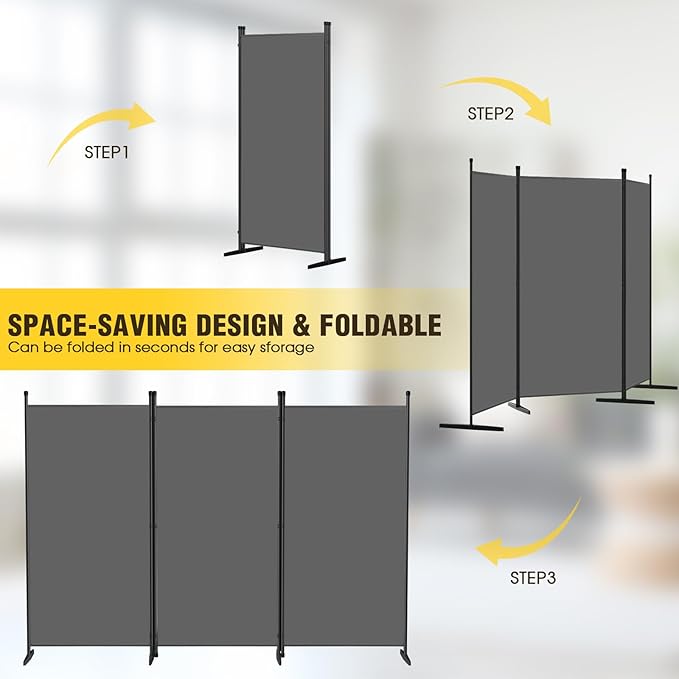 AKTOP 3-Panel Room Divider, Freestanding Wall Divider for Room Separation, Folding Privacy Partition Screen 70''W x 102''H, Portable Room Divider Panel Privacy Screen for Dorm Studio Office, Grey