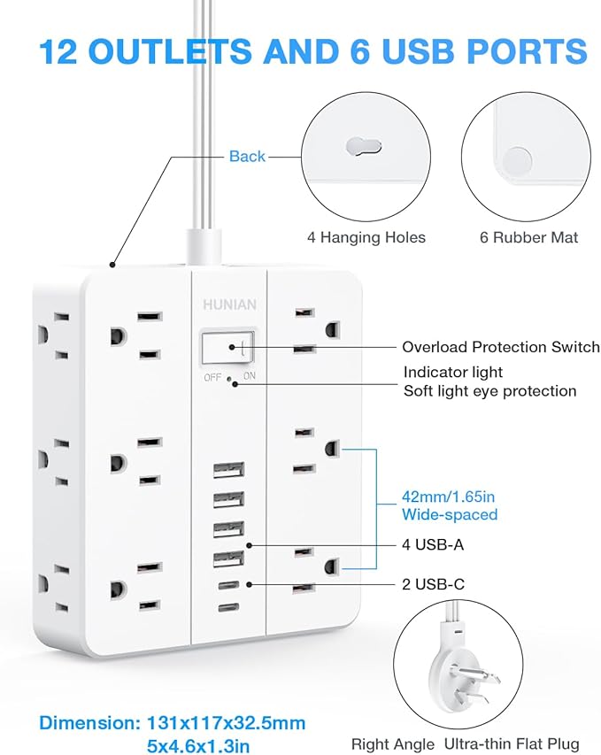 Flat Plug Power Strip Surge Protector, Flat Extension Cord Indoor 20 Feet, HUNIAN 12 Widely Spaced Outlets with 6 USB (2 USB C Ports), Desk Charging Station for Home Office Supplies, White