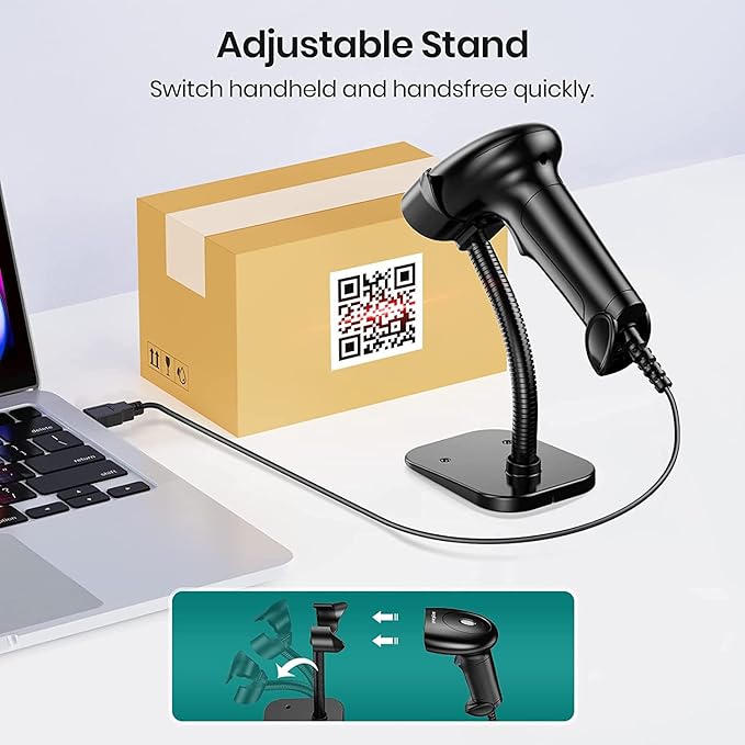 Barcode Scanner with Stand, USB Wired Inventory 2D 1D QR Code Scanner for Computer POS MAC with Automatic Screen Scanning, Handheld CMOS Image Bar Code Reader for Warehouse Library Supermarket