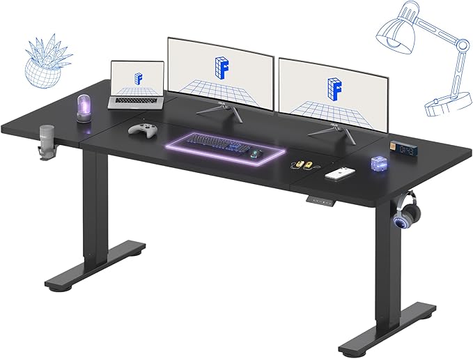 FLEXISPOT 71 x 32 Inch Large Standing Desk, Stand Up Desk with Splice Board, Rising Desks for Home Office, Office Desk with Cup Holder and Headphone Hook (Black Frame + Black Top, 2 Packages)