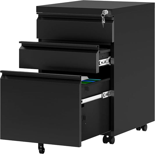 YITAHOME 3 Drawer File Cabinet with Lock, 20” Deep Office Vertical Files, Mobile Metal Filing Cabinet, Metal Vertical Filing Storage Cabinet for Letters/Legal/A4 Size,Black