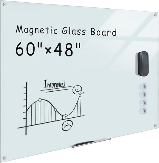 Magnetic Glass Whiteboard,60"x48" Wall Mounted Frameless Dry Erase Board for Office, Home & School White