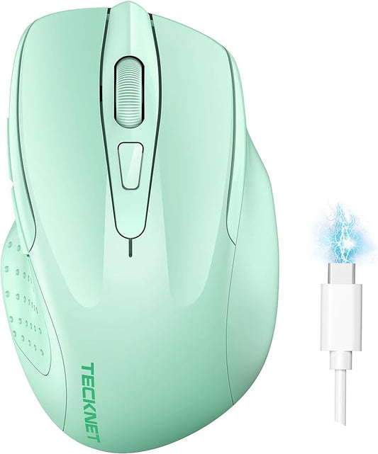 TECKNET Wireless Mouse (BT5.0/3.0 & 2.4G) Rechargeable 4800 DPI Silent USB A & Bluetooth Mouse 6 Buttons, Wide Compatibility - Green