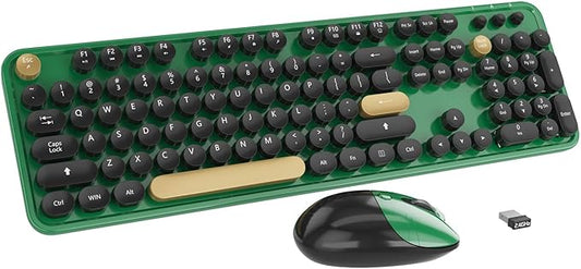 Wireless Keyboard,KOOTOP Cute Colorful 104 Keys Typewriter Retro Round Keycaps Keyboard for PC Laptop,Desktop,Windows, Home and Office Keyboards (Black Green)