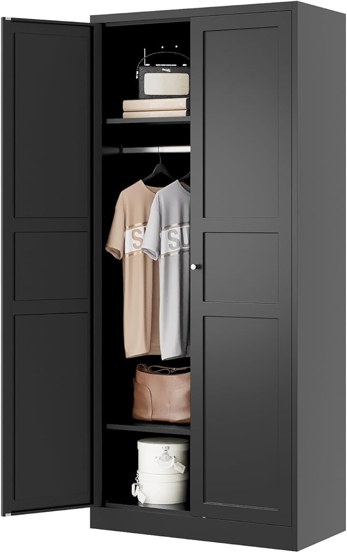 Letaya Wardrobe Armoire Closet,72" H Metal Storage Cabinet with Adjustable Shelves and Hanging Rod,Bedroom Armoire Cabinet Clothes Organizer (Black)