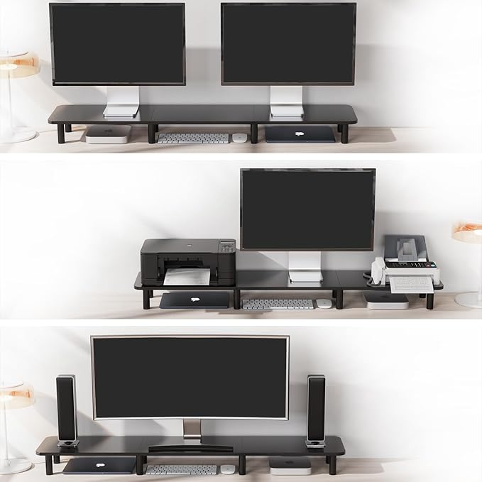 43.7" Extra Long Dual Monitor Stand Riser, Wood & Steel Monitor Stand for 2 Monitors, Wide TV Stand, Desktop Riser for Desk Organization, Home Office,Laptop,Printer,TV (Black)