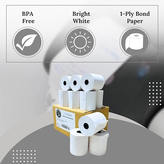 Bright White 3" x 150' 1-Ply Bond Receipt Paper Rolls (12 Rolls)