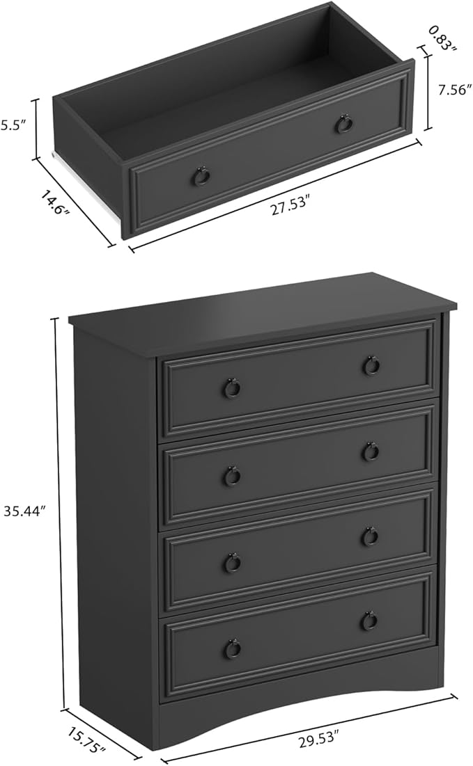 LGHM Modern 4 Drawer Dresser, Tall Dressers for Bedroom, Chest of Drawers Closet Organizers and Storage for Clothes - Easy Pull Handle, Textured Borders Drawers for Living Room, Hallway, Black