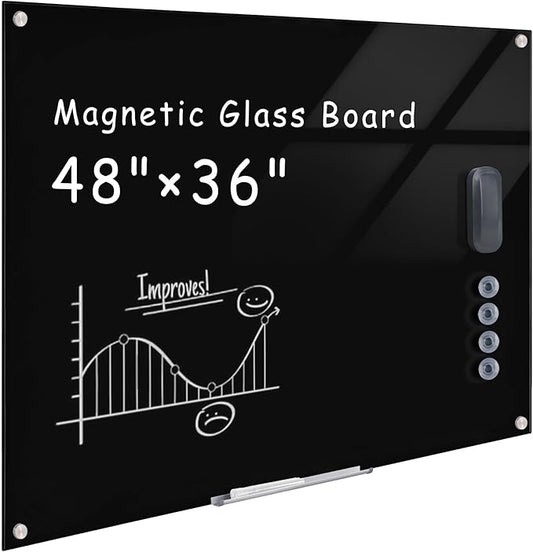 Magnetic Glass Whiteboard,48"x36" Wall Mounted Frameless Dry Erase Board for Office, Home & School Black
