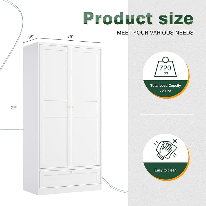 Letaya Wardrobe Closet,72" H Clothing Metal Storage Cabinet with Storage Drawer Adjustable Shelves and Hanging Rod,Bedroom Armoire Cabinet Clothes Organizer (White)