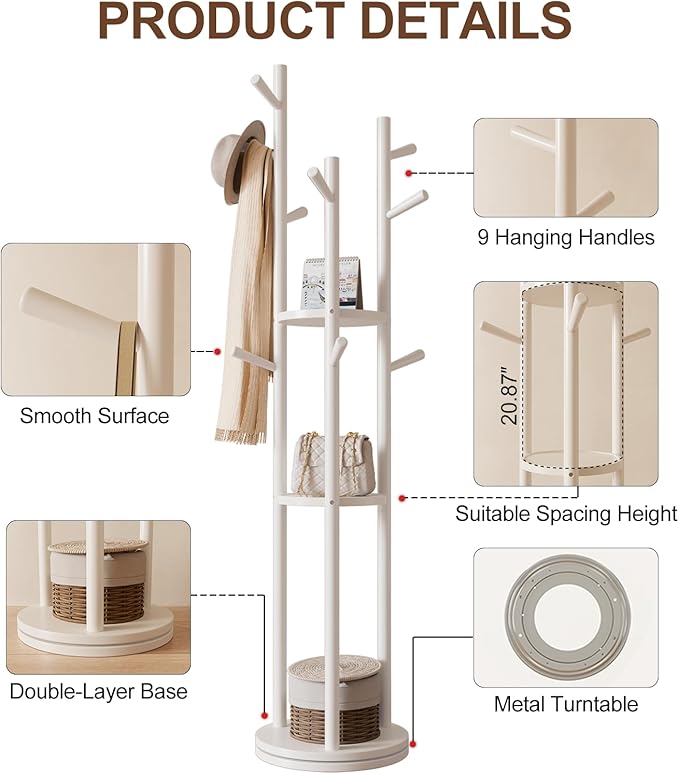 Solid Wood Rotary Coat Rack, Freestanding Coat Rack with 3 Shelves and 9 Hooks, Coat tree for Bedroom, Entryway, Livingroom, Coat Hanger Stand for Coats, Scarves, Handbags (White)