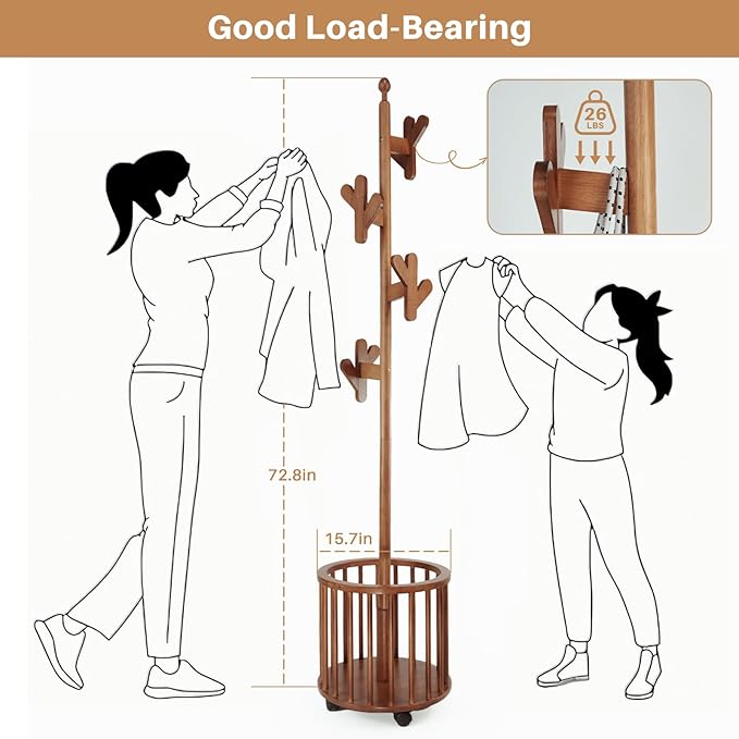 Uniclinens Solid Wood Coat Rack Freestanding with Umbrella Holder, Tree Coat Rack Stand with Lockable Universal Casters & 12 Hooks for Entryway Bedroom, Walnut
