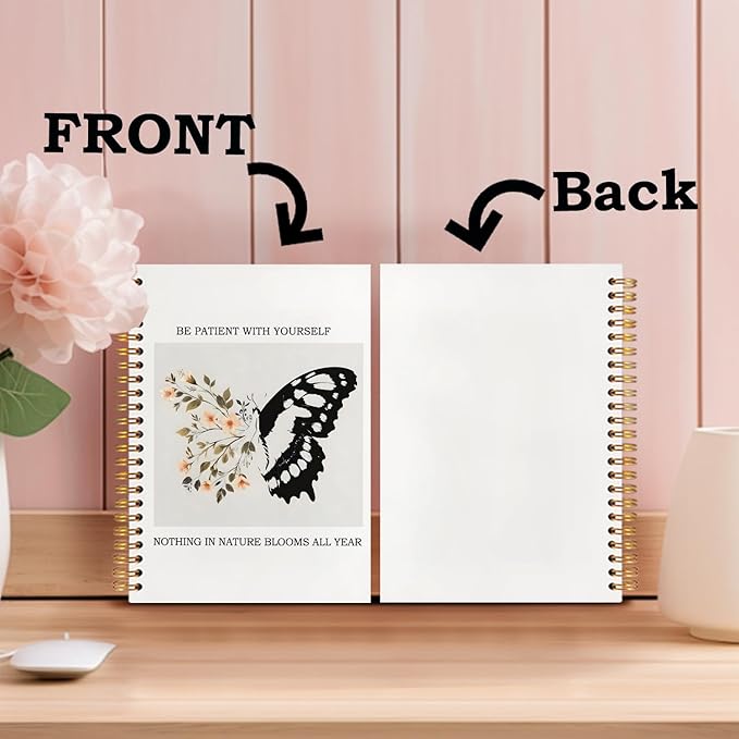 SNNDER Inspirational Butterfly Notebook Journal, Be Patient with Yourself Therapy Mental Health Journal for Women, Encouragement Gifts for Women, Hardcover Spiral Notebooks 5.5x8.3 Inch