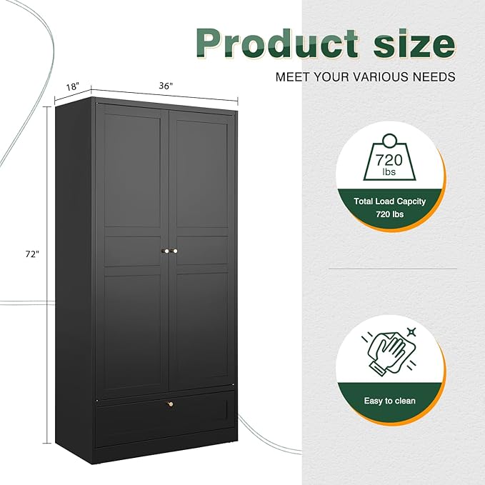 Letaya Wardrobe Closet,72" H Clothing Metal Storage Cabinet with Storage Drawer Adjustable Shelves and Hanging Rod,Bedroom Armoire Cabinet Clothes Organizer (Black)