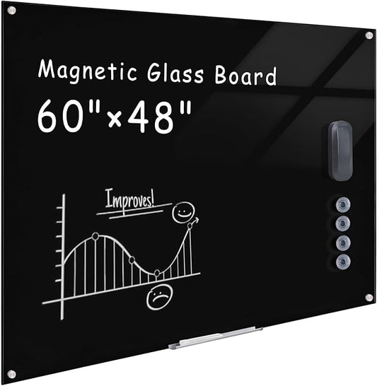 Magnetic Glass Whiteboard,60"x48" Wall Mounted Frameless Dry Erase Board for Office, Home & School Black