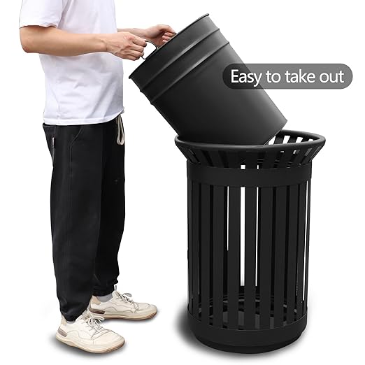Outdoor Metal Slatted Trash Receptacle,Waste Receptacle,Commercial Trash Cans,Zone Round Garbage Bin,Square Hotel Street Patio Indoor Metal Stan (Big-Black)