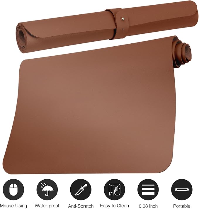 Boutilon Leather Desk Pad 24"x 14" Non-Slip Mouse Pad,Office Desk Mat,Waterprooft PU Leather Desk Blotter,Desk Pad Protector,Desk Writing Pad for Home Office Decor (S-Brown)