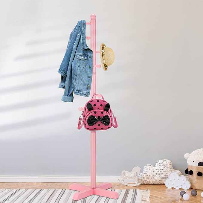 Kids Coat Rack, Freestanding Coat Racks with 8 Hooks 2 Adjustable Height, Tree Coat Rack for Bedroom, Hallway, Entrance, Office, Hats, Handbags,Purse (Pink)