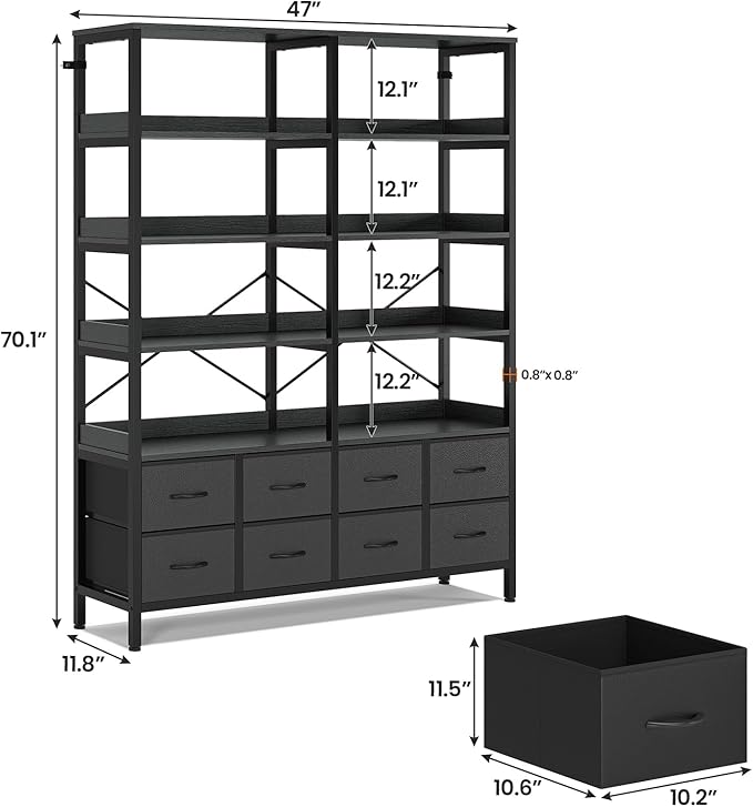Bookshelf with 8 Fabric Drawers, 7-Tier Bookcase with Baffles Display Shelves, Industrial Large Book Shelf for Living Room Home Office, Black
