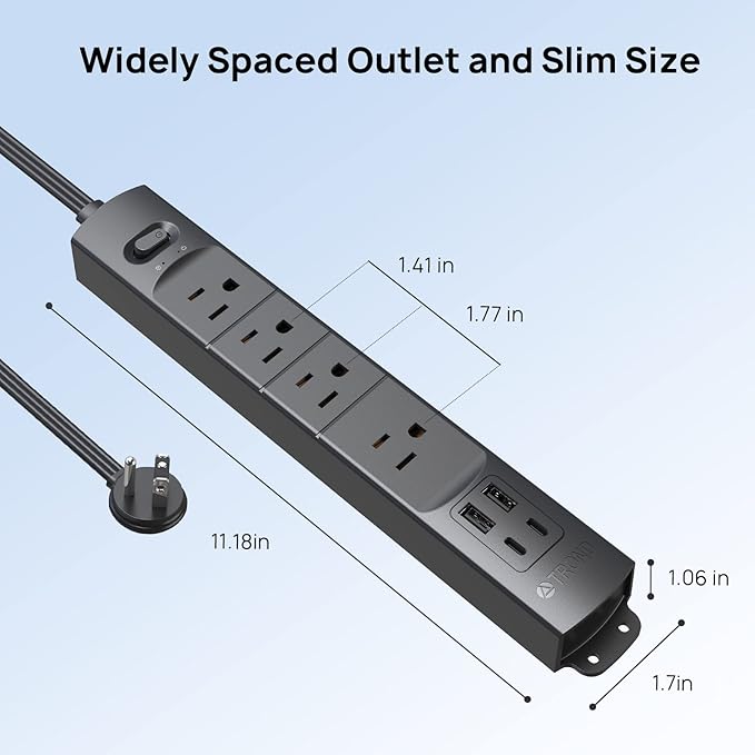 TROND Flat Plug Power Strip USB-5ft Flat Extension Cord Surge Protector Wall Mount, 2 Type C & 2 USB A Ports with Multiple Outlets, 1440J, 1625W for Office Supplies Dorm Room Essentials, Black