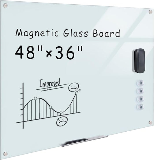 Magnetic Glass Whiteboard,48"x36" Wall Mounted Frameless Dry Erase Board for Office, Home & School White