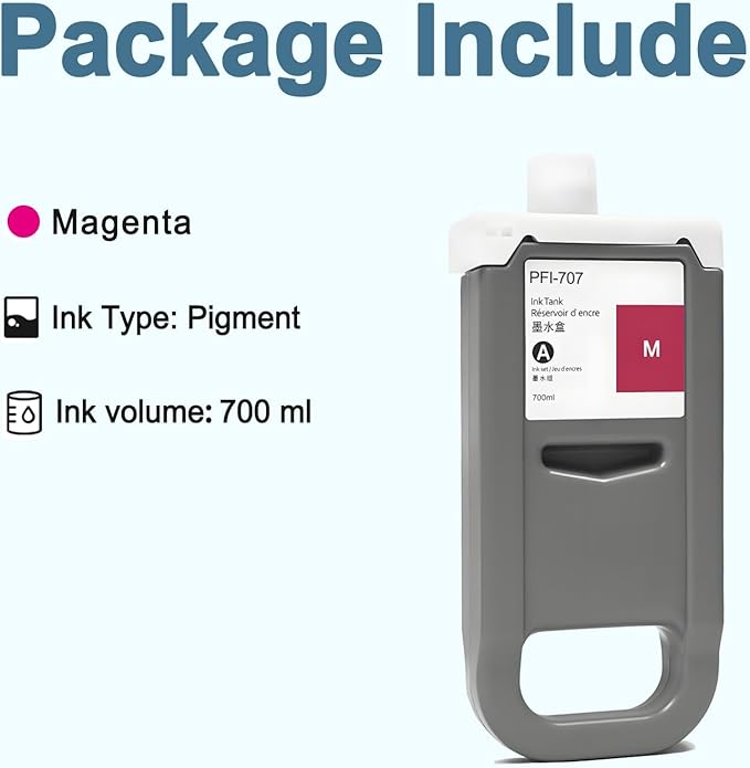 PFI-707 Ink Cartridge PFI707 Ink Tank Compatible with Canon imagePROGRAF PF830, iPF840, iPF850 CAD Plotters 700 ML (1-Pack, Magenta)