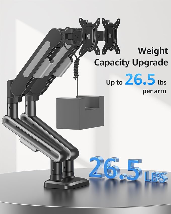 MOUNTUP Dual Monitor Mount Holds 4.4-26.5lbs, Heavy Duty Monitors Arm for 39 37 34 32 27inch, Gas Spring Monitor Stand for 2 Monitor, Height Adjustable Monitors Desk Mount with C-Clamp&Grommet Base