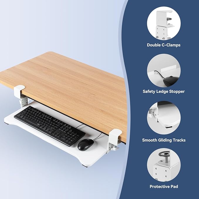 VUSIGN Keyboard Tray Under Desk Height Adjustable,Pull Out with Adjustable C Clamp Mount System for L-Shaped Tables, Extra Sturdy, 26.4” x 11.8” Slide-Out Platform Computer Drawer for Typing,White
