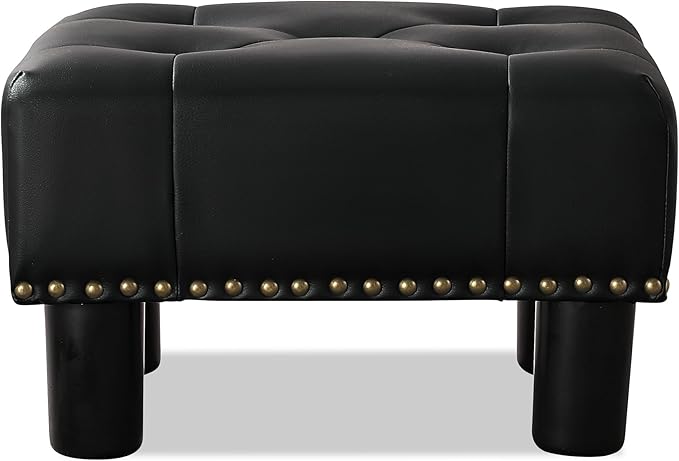 LUE BONA Small Tufted Foot Stool, Black Rivet Faux Leather Footrest with Plastic Legs, 9''H, Rectangle Foot Stools for Adult with Non-Slip Pads, Sofa Footstool for Living Room, Couch