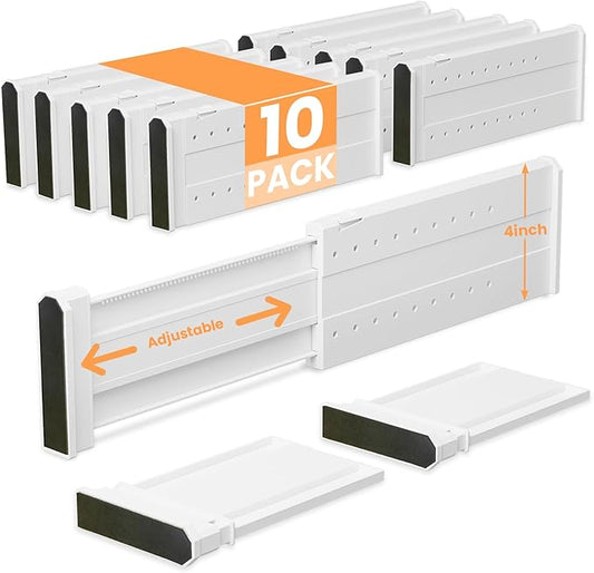 REBECAT 10 Pack Drawer Dividers for Clothes Adjustable Drawer Dividers 4" High Expandable from 11"-17" for Dresser Baby Clothes Bathroom Bedroom Kitchen and Office Storage,White