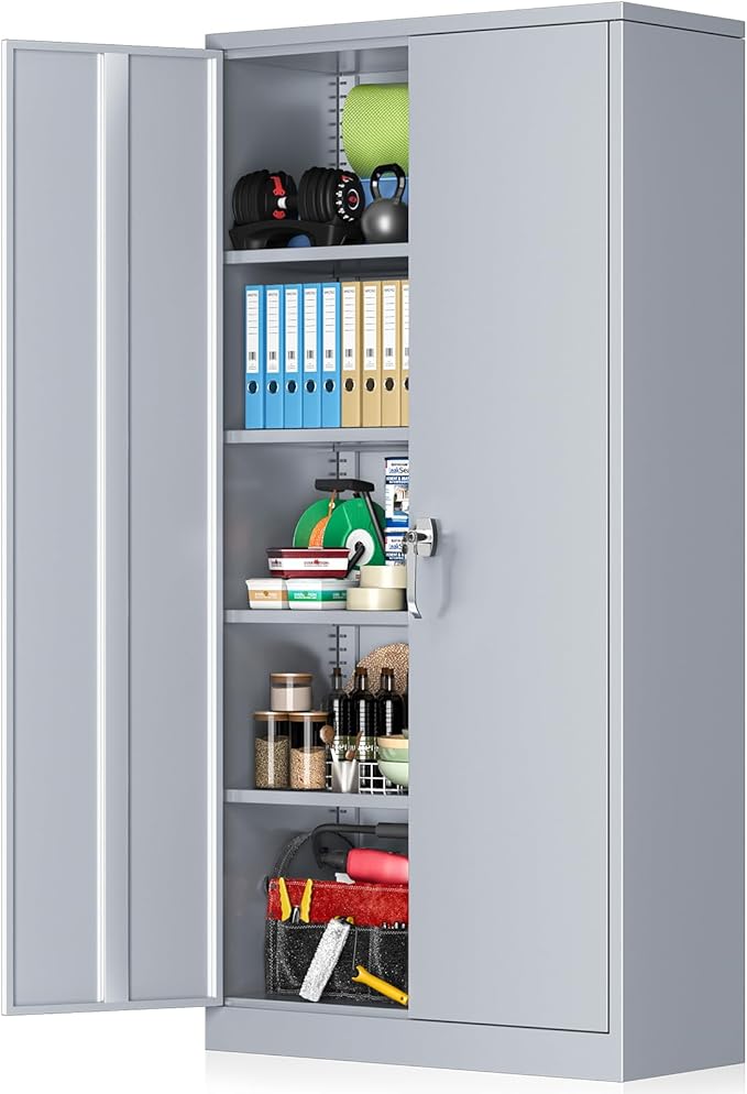 INTERGREAT Garage Storage Cabinets with Doors and Shelves, 72" Steel Tool Locking Cabinet, Metal Storage Cabinet for Home Office, Warehouse, School (Cement Grey)