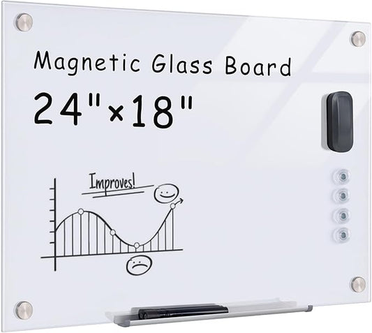 Magnetic Glass Whiteboard,24"x18" Wall Mounted Frameless Dry Erase Board for Office, Home & School Ultra White