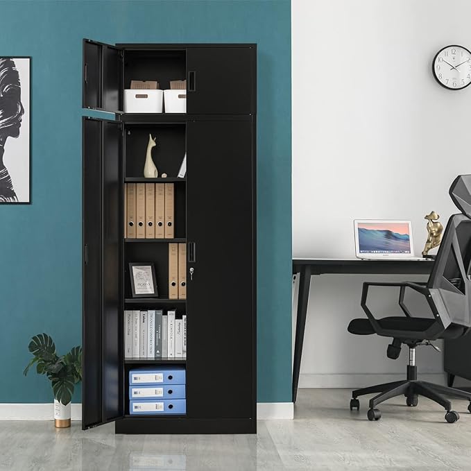 BESFUR Metal Storage Cabinet 87" H,Black Locking Storage Cabinets with Top Cabinet and 4 Adjustable Shelves for Home Office, Garage,School, Apartment, Warehouse, Utility Room