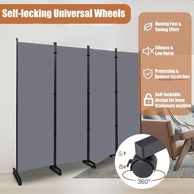 Room Divider Portable 88'' Partition Room Dividers and Folding Privacy Screens 4 Panel Wall Divider for Room Separation,Freestanding Fabric Room Divider Panel with Wheels for Home Office Hospital