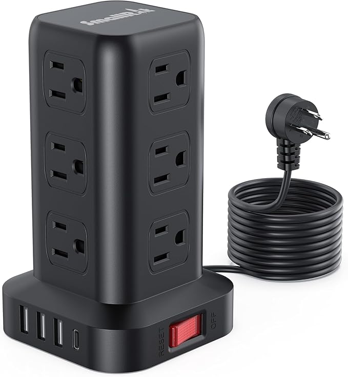 Surge Protector Power Strip Tower,10FT Extension Cord with Multiple Outlets, 12 AC 4 USB (1 USB C),Mini Power Strip with USB Ports, Surge Protector Tower Overload Protection for Office, Desk