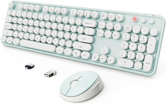 Wireless Keyboard and Mouse Combo, Ergonomic Full Size Typewriter Retro Round Keycaps Keyboard, Compatible with Windows, PC, Perfer for Home and Office Keyboards(Green)