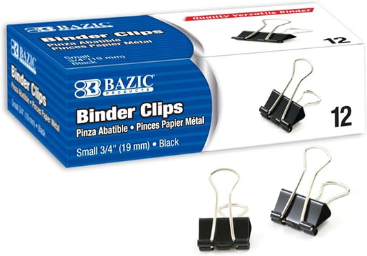 BAZIC Binder Clips Small Black 3/4" (19mm), Paper Clamps Paper Clip, Paperclips for Office School Supplies Home Kitchen Storage (12/Pack), 1-Pack
