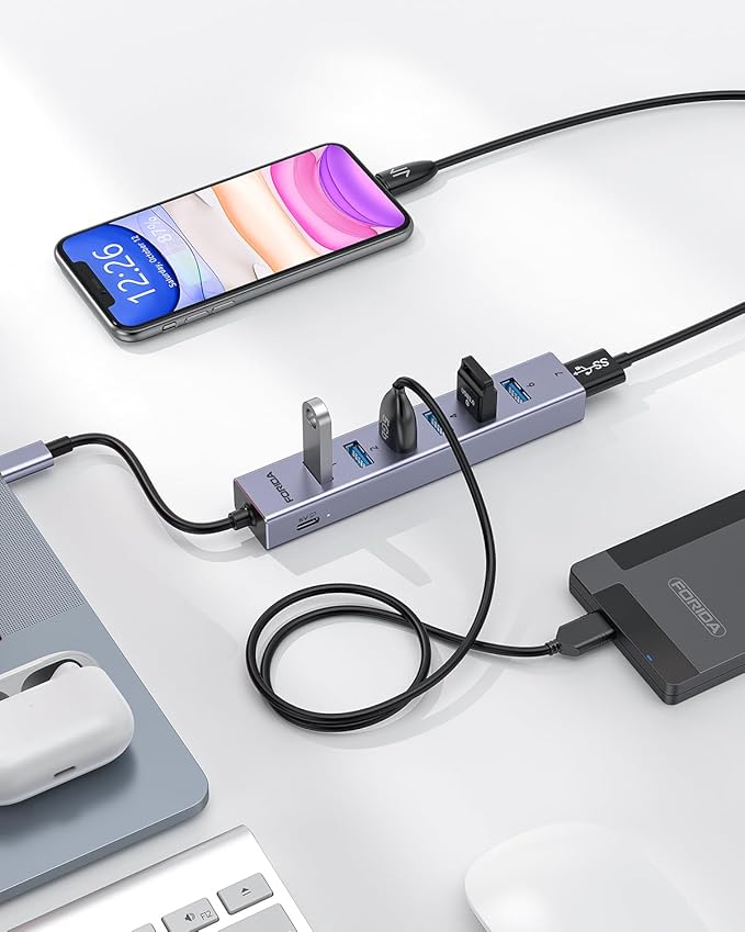 FORIDA USB C to USB Hub, 8 Ports USBC HUB with 7 USB 3.0 Data Ports, Aluminum Alloy Shell USB Splitter with USB C 5V/3A Power Port for Laptop PC and More
