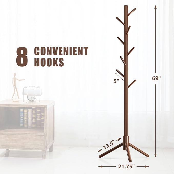 Haddockway Wooden Coat Rack Stand with 8 Hooks New Zealand Pine 3 Adjustable Coat Standing Tree Easy Assembly for Coats, Hats, Scarves and Handbags for Entryway, Hallway, Bedroom, Office