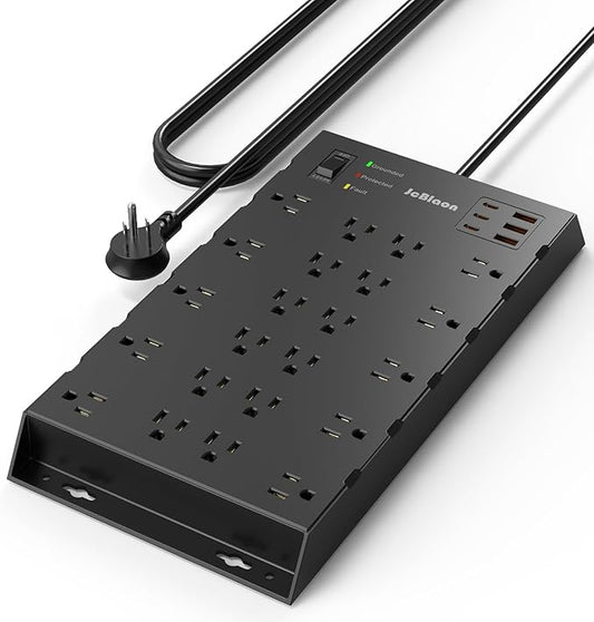 22 Outlets & 6 USB Big Power Strip, Jcblaon Surge Protector with 3USB C & 3USB A Charging Ports, 6.5ft Flat Plug Heavy Duty Extension Cord(1875W/15A),2100J, 14AWG,Wall Mountable for Garden,Shed, Black