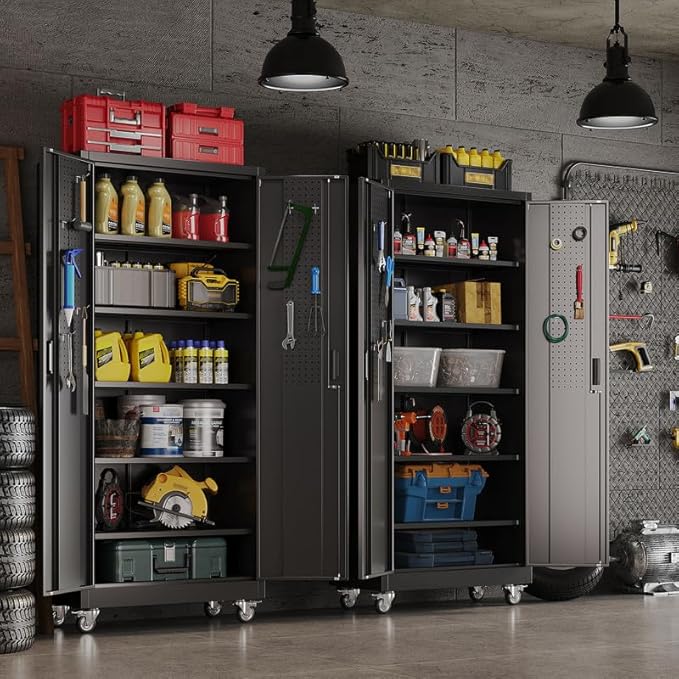 Aobabo Upgraded 71''H Metal Garage Storage Cabinet with Wheels and Door Pegboard,Steel Cabinets with 2 Doors and 5 Adjustable Shelves for Home Office,Required Assembly,Black