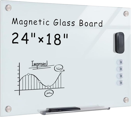 Magnetic Glass Whiteboard,24"x18" Wall Mounted Frameless Dry Erase Board for Office, Home & School White