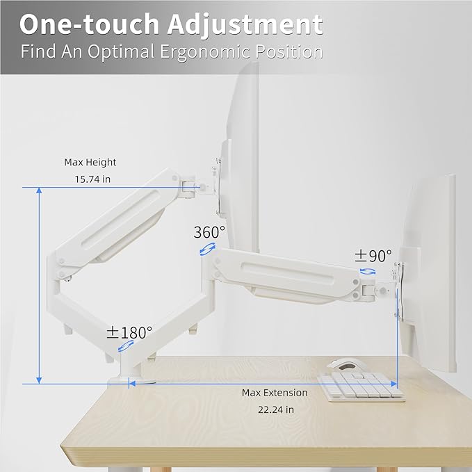 Suptek Monitor Mount Gas Spring Single Monitor Arm Desk Mount Stand Fully Adjustable Fits 17 20 22 23 24 26 27 32 inch Monitors (White)