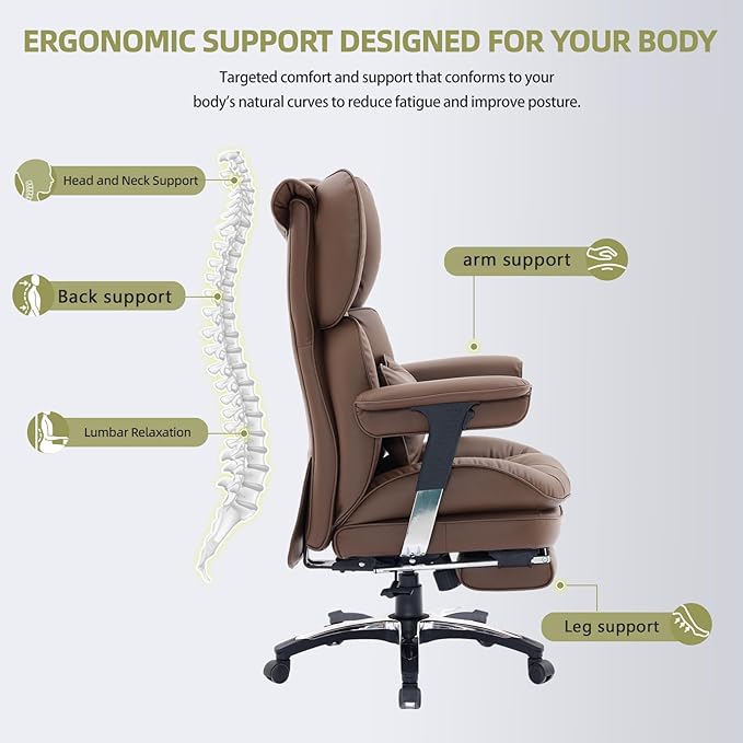 Efomao Big and Tall Office Chair with Footrest – High Back Computer Chair with Adjustable Armrests,Executive Office Chair with Wide Seat, Modern Desk Chair for Home Office, Gaming, or Study, Brown