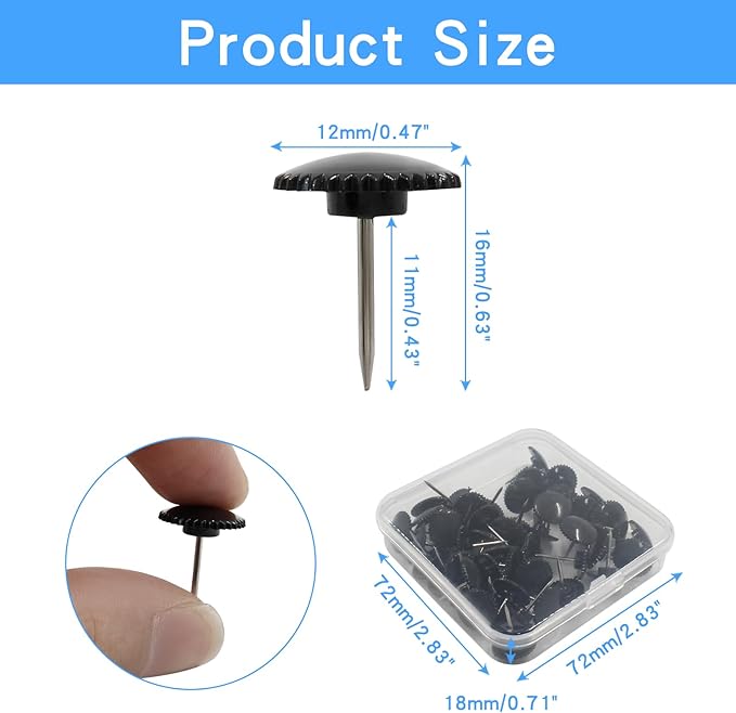 Piutouyar 50 Pcs Black Push Pins, Plastic Thumb Tacks for Wall Hanging, Flat Head and Steel Point Push Pins Wall Tacks Thumbtacks for Furniture Cork Board DIY Projects or Home Decor