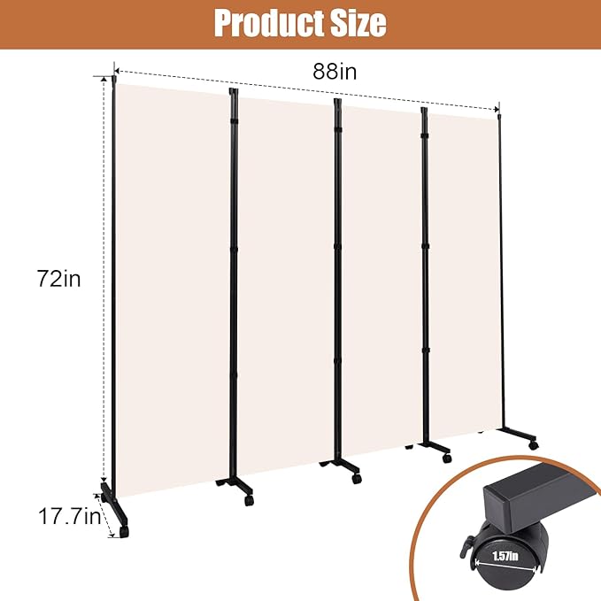 Room Divider Portable 88'' Partition Room Dividers and Folding Privacy Screens 4 Panel Wall Divider for Room Separation,Freestanding Fabric Room Divider Panel with Wheels for Home Office Hospital