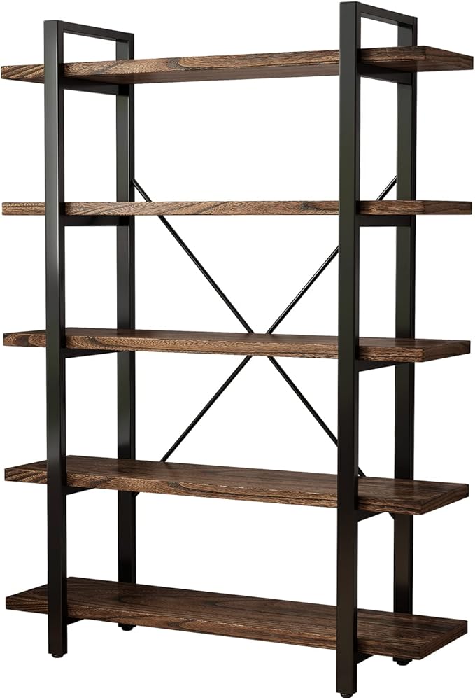 5-Tier Industrial Style Solid Wood Bookcase and Book Shelves,Rustic Wood and Metal Shelving Unit, Living Room,Modern Rustic Open Industrial Book Shelf Office,Distressed Brown (AY-02-5Tier)