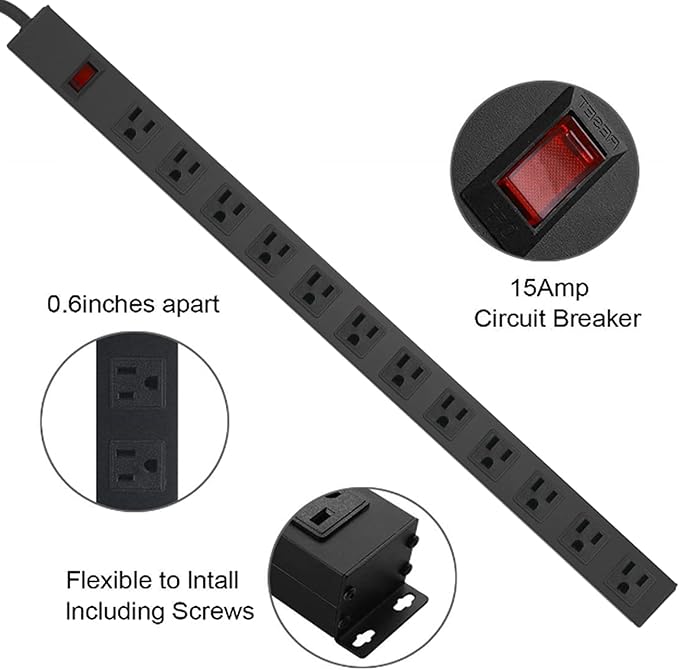Metal Wall Mount Power Strip, Mountable Power Outlet with 12 AC Outlets, Aluminum Alloy Mount Power Socket with Switch, 3 FT SJT 3/C 14AWG Power Cord, 15A 125V 1875W (12AC)