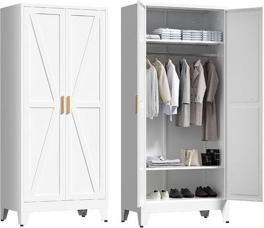 71'' Farmhouse Metal Wardrobe Cabinet with Hanging Rod, 2 Barn Door Wardrobe Closet with 2 Adjustable Shelves,for Dining Room,Bedroom,Living Room, Cloak Room,Office (White)