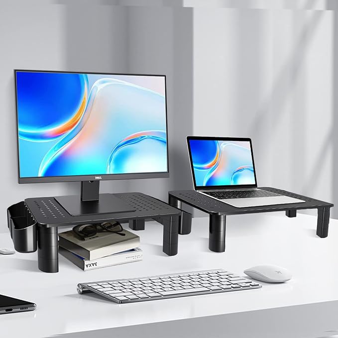 Pholiten 2 Pack Monitor Stand Riser, 3 Height Adjustable Monitor Stand, Flat Screen TV Monitor Stand Riser, Sturdy Metal Laptop Computer Monitor Stand Shelf for Printer, iMac,Premium Metal Monitor Risers for 2 Monitors
